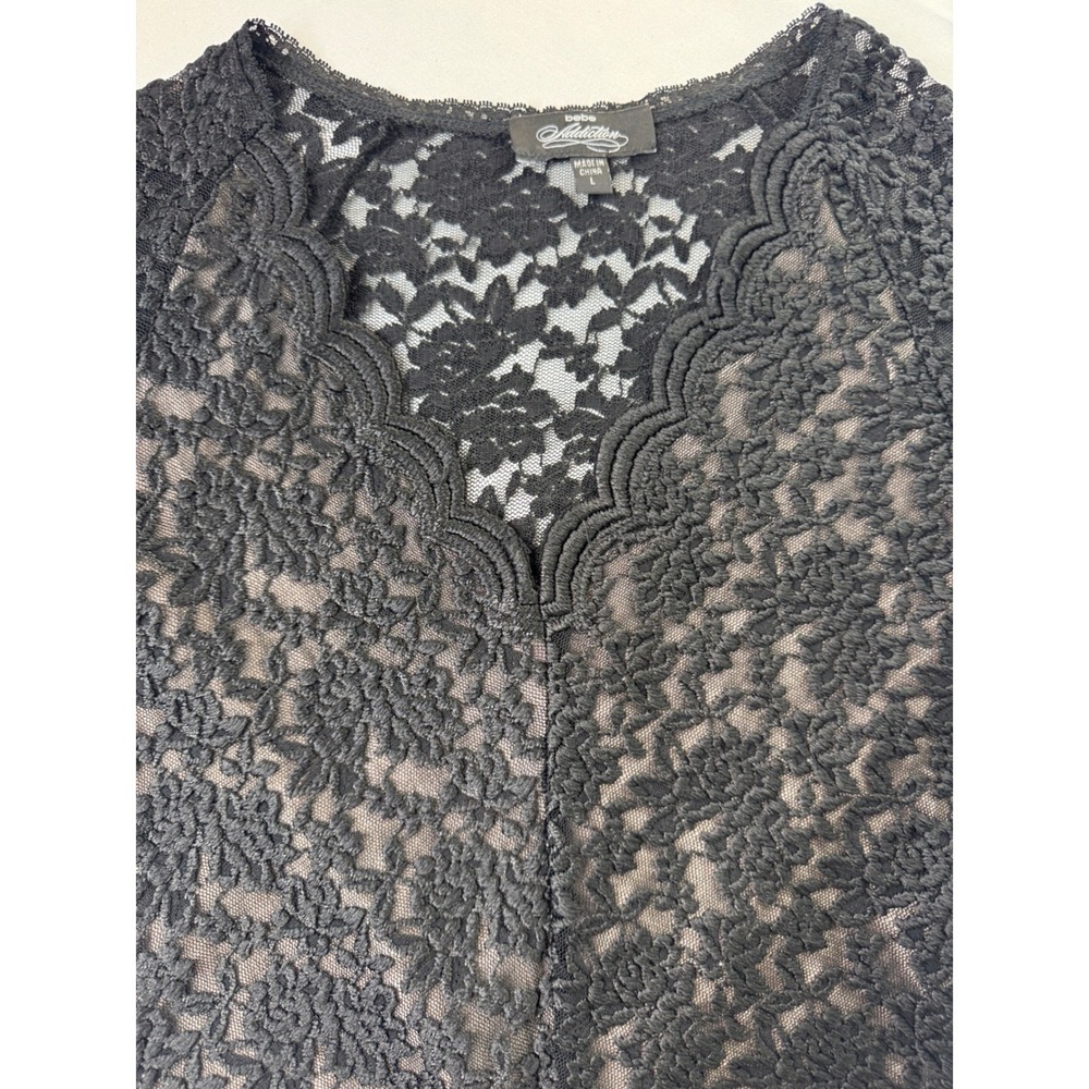 Bebe Addiction Black Lace Bodysuit Short Sleeve V-Neck Tan Lining Large sheer - Picture 10 of 16